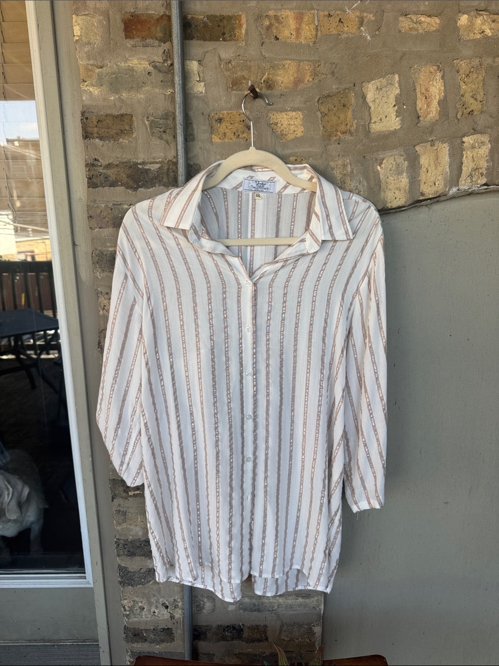 Valentina Striped Button-Up Blouse — White and Taupe Metallic Stripes